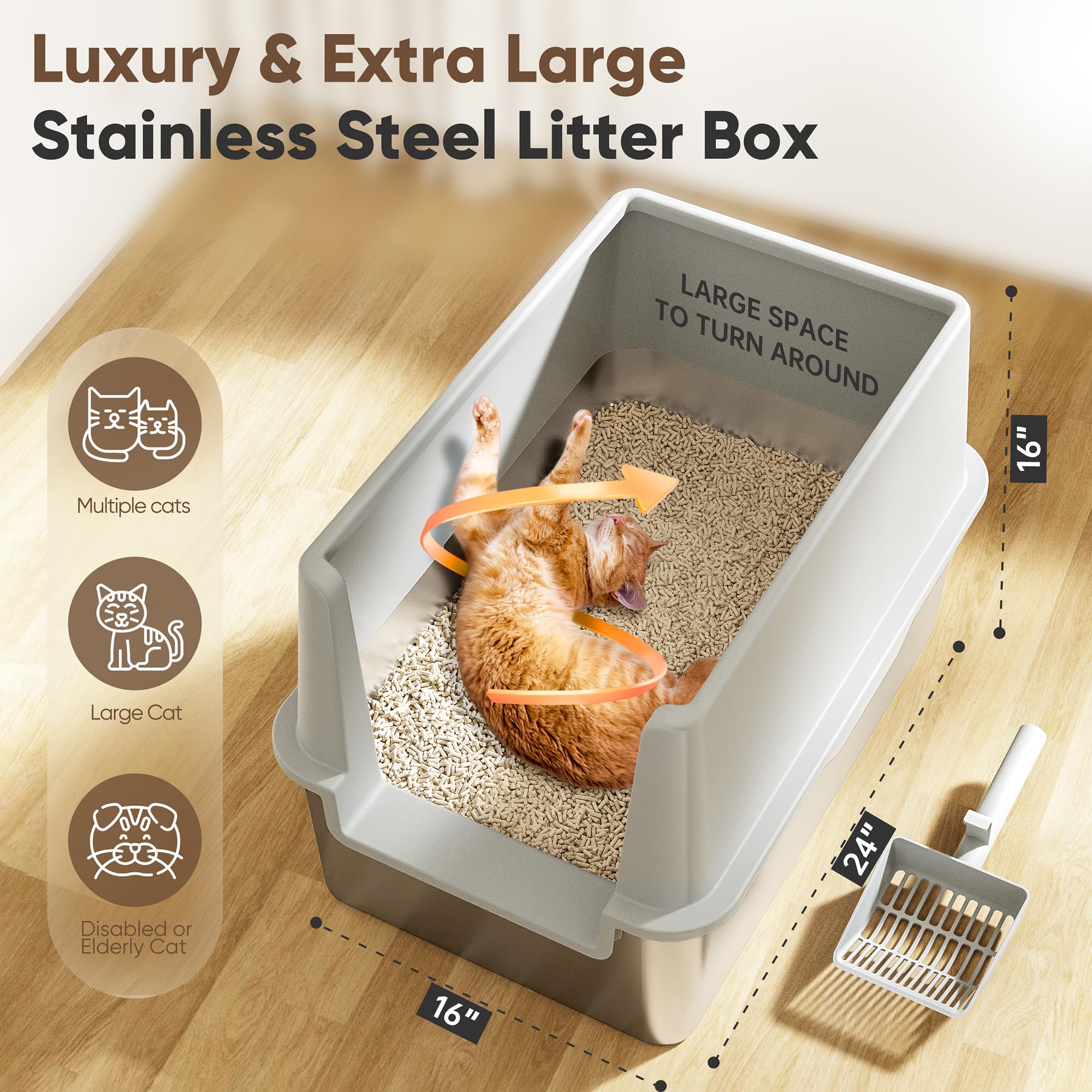 16'' High Sides Stainless Steel Litter Box With Lid, Xl Xxl Extra Large Enclosed Metal Litter Box For Big Cats & Kitty, Never Ab